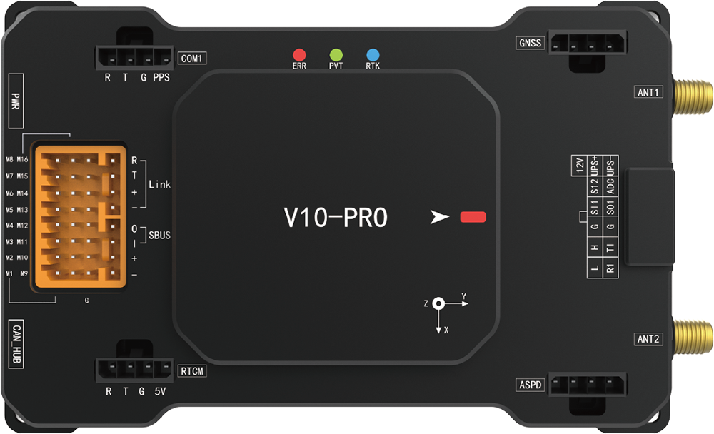V10-PRO 産業用ドローン向け高性能フライトコントローラーの製品画像。CANポート、アンテナ端子、各インターフェースを確認可能な上面図