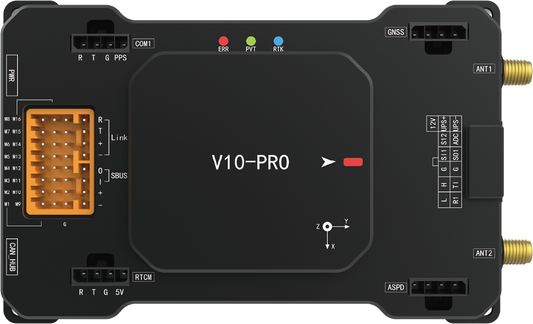 V10-PRO 産業用ドローン向け高性能フライトコントローラーの製品画像。CANポート、アンテナ端子、各インターフェースを確認可能な上面図