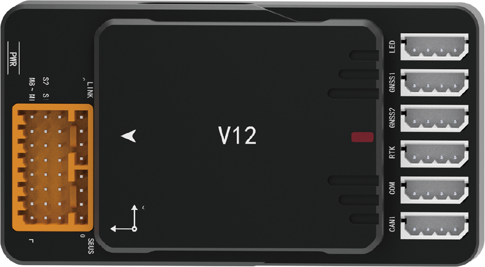 V12-FC 産業用ドローン向け高性能フライトコントローラーの製品上面図。複数のコネクタポートと本体デザインの詳細が確認可能