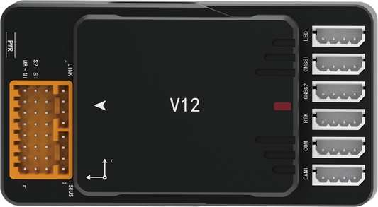 V12-FC 産業用ドローン向け高性能フライトコントローラーの製品上面図。複数のコネクタポートと本体デザインの詳細が確認可能
